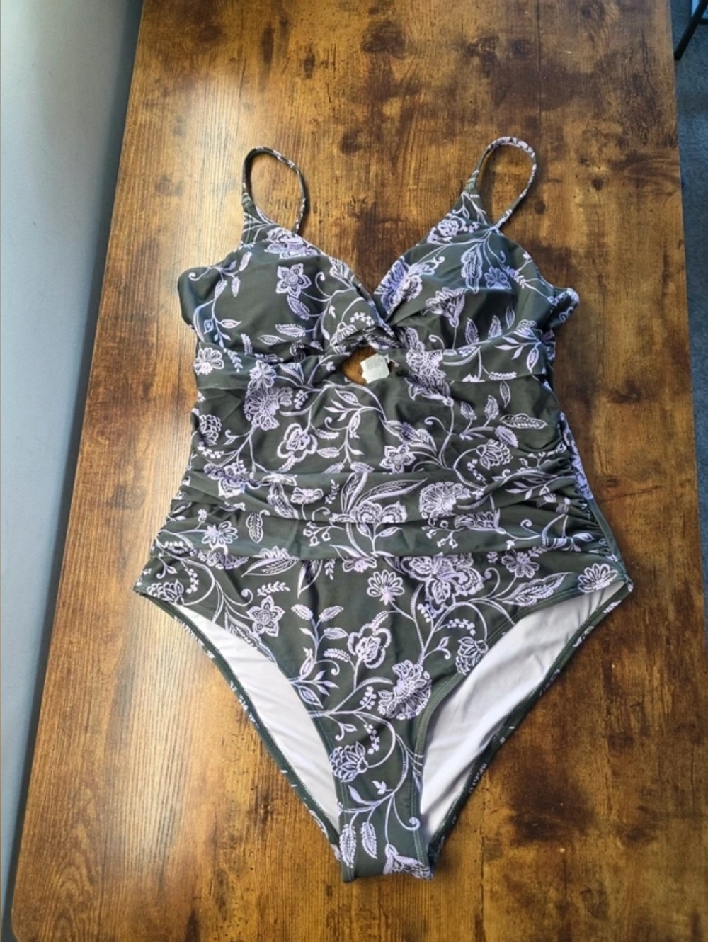 Floral Twist-Front Olive One-Piece Swimsuit